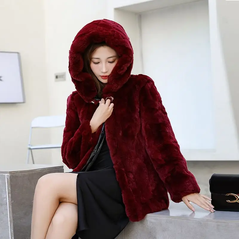 

Ladies Winter Jackets Long Sleeve Hooded Female Real Natural Fur Coat Woman Loose Rabbit Thickened Large G775