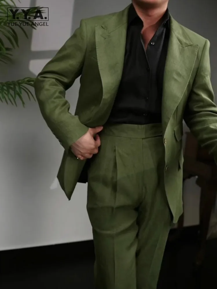 British Style Vintage Office Mens Business Casual Linen Suits Sets Slim Fit Blazers High Waist Straight Pants Men Two Piece Set