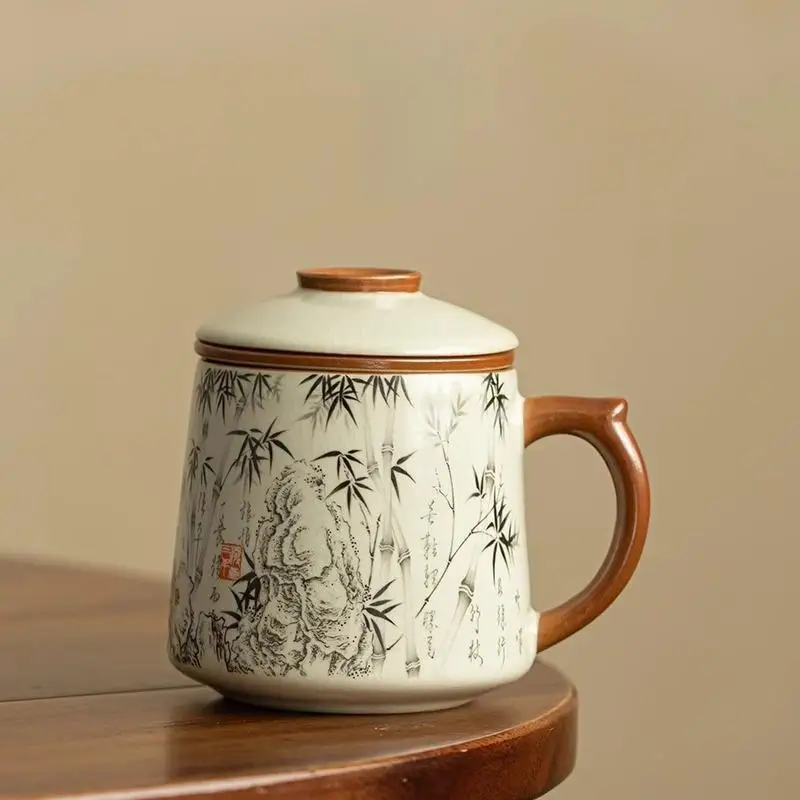 Chinese Style Ceramic Mugs, Home Personal Office Creative Teacup With Cover, Filtered Tea Water Separation, Tea Cups, 400ml, 1Pc