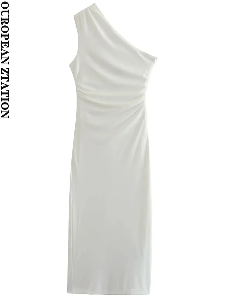 

PAILETE Women 2023 fashion asymmetric draped midi dress sexy one shoulder sleeveless side zipper female dresses vestidos mujer