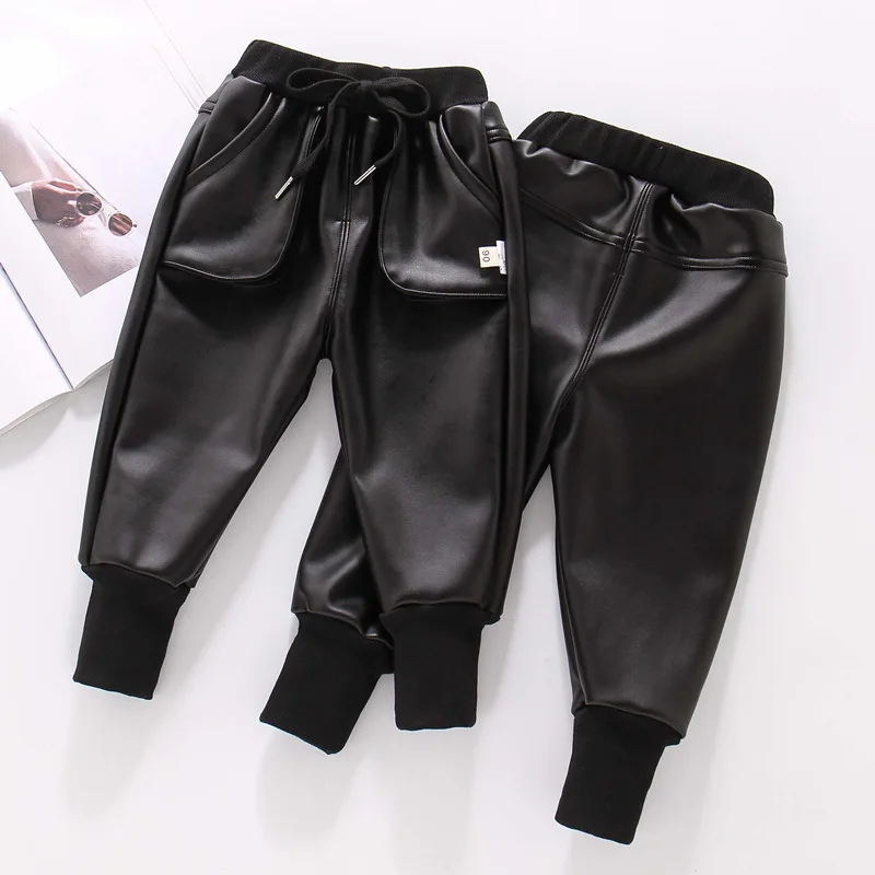 

Unisex Kid Winter Fleece Black Imitation Leather Pants for Boy PU Faux Leather Pants Teenage Children Warm Kids Leather Trousers