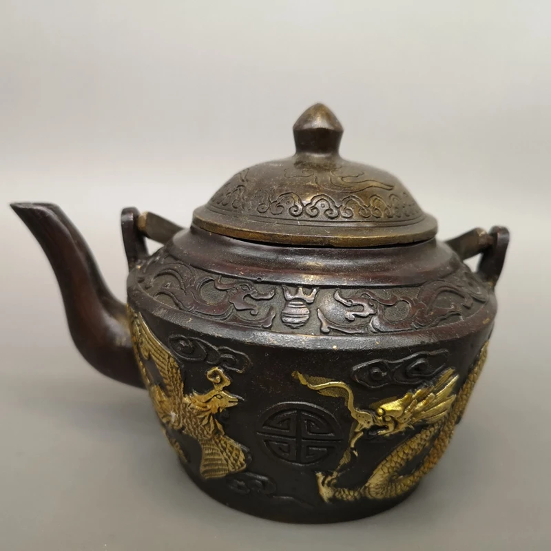 

Gilded Dragon and Phoenix Pot, Dragon and Phoenix Wine Pot, Water Pot Crafts copper office decoration