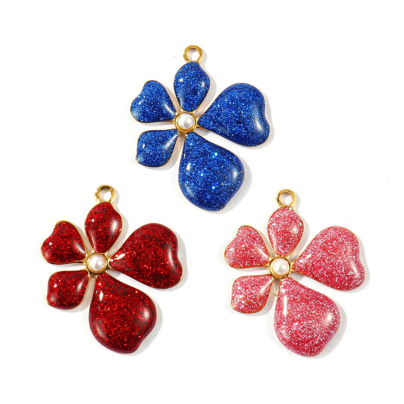 2 Stück Anhänger aus Edelstahl 304, 18 Karat vergoldet, Emaille-Blume, Acryl-Imitationsperlen-Anhänger für DIY-Halskette, 3 cm x 2,5 cm