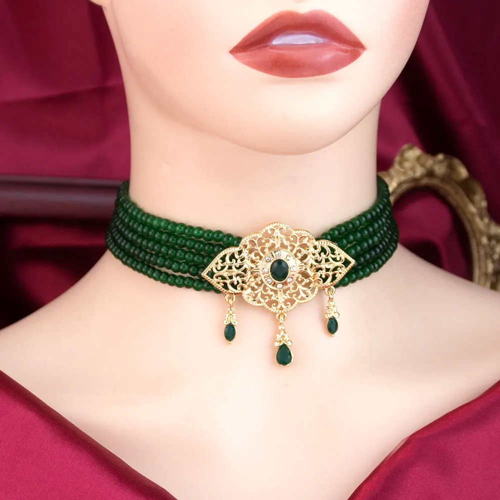 Sunspicems-قلادة من الخرز الجزائري العرقي للنساء ، سلسلة لون اليشم ، لون ذهبي ، قلادة مغربية باندانت ، مجوهرات الزفاف