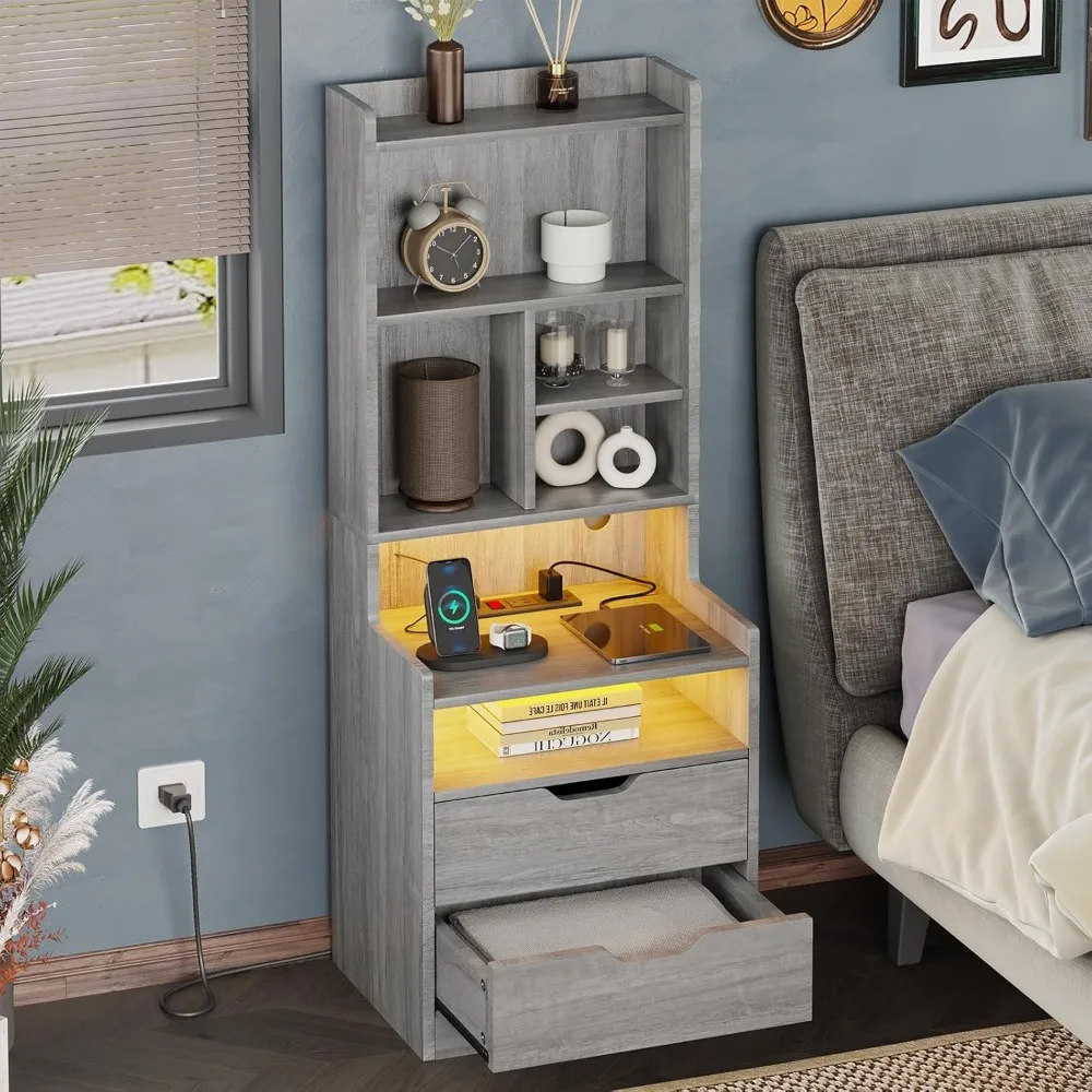 Charging Nightstand Set of 2 with LED Lights, Tall Night Stand with Bookshelf,Bedside Table with Drawers, Side Tables Bedroom 6
