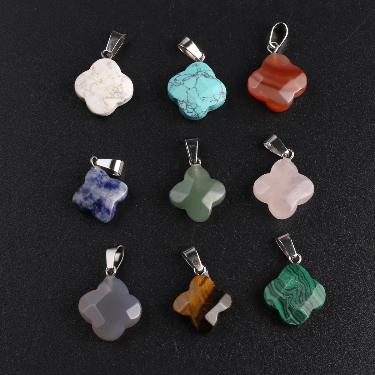 Wholesale Lucky Four-leaf Clover Shape Natural Stone Pendant Jewelry Making DIY Agate Malachite Necklace Earrings Accessories