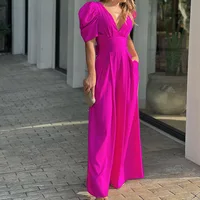 Casual Elegant Women's Summer Trendy Deep V-Neck Puff Sleeve Hollow Backless High Waist Jumpsuit Sexy Slim Pearl Button Belt - Image 4