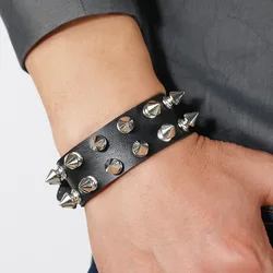 Edgy Black Leather Spike - Studded Goth Bracelet - Adjustable Unisex Wristband (Double Rows)
