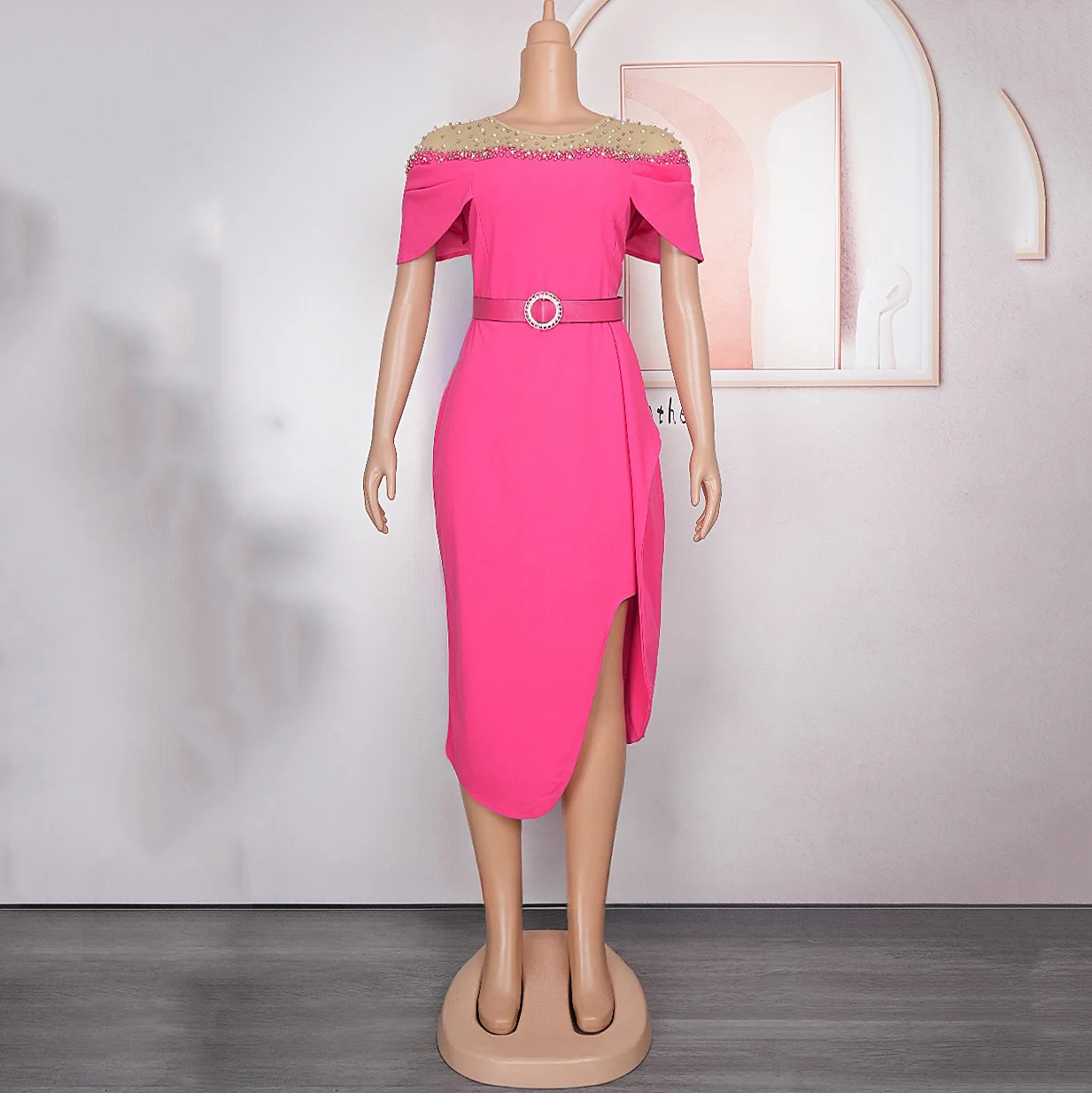 Work Dress for Women Office Elegant O Neck Beaded Short Sleeve