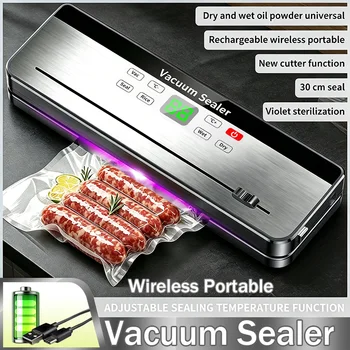 Wireless Type-C Rechargeable Vacuum Sealer Machine, Adjustable Sealing Temp with Built-in Cutter & UV Sterilization, Dry Wet Oil 1