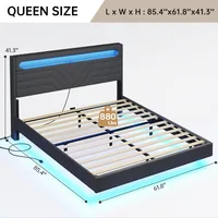 Queen Floating Bed Frame with RGB LED Lights Headboard, USB-C/A Power Combo, Linen Upholstered Platform Bed with Storage Headboa 2