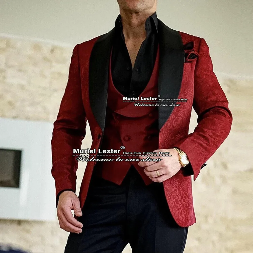 

Spring/Summer Burgundy Men Suits 3 Pieces Formal Wedding Tuxedo Tailor-Made Groom Wear Black Lapel Jacket+Vest+Pants Blazer Sets