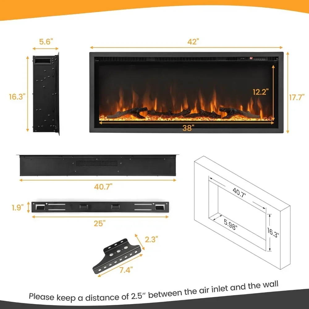 Electric Fireplace in-Wall Recessed, Wall Mounted and Freestanding, 750W/1500W Linear Fireplace Heater with Remote Control