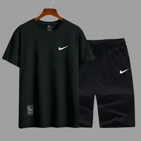 Nike Sports Suit Men and  Women  Embroidered  Couple  Cotton  Athletic  Short  Sleeved  Shorts  Set  White and Black 2