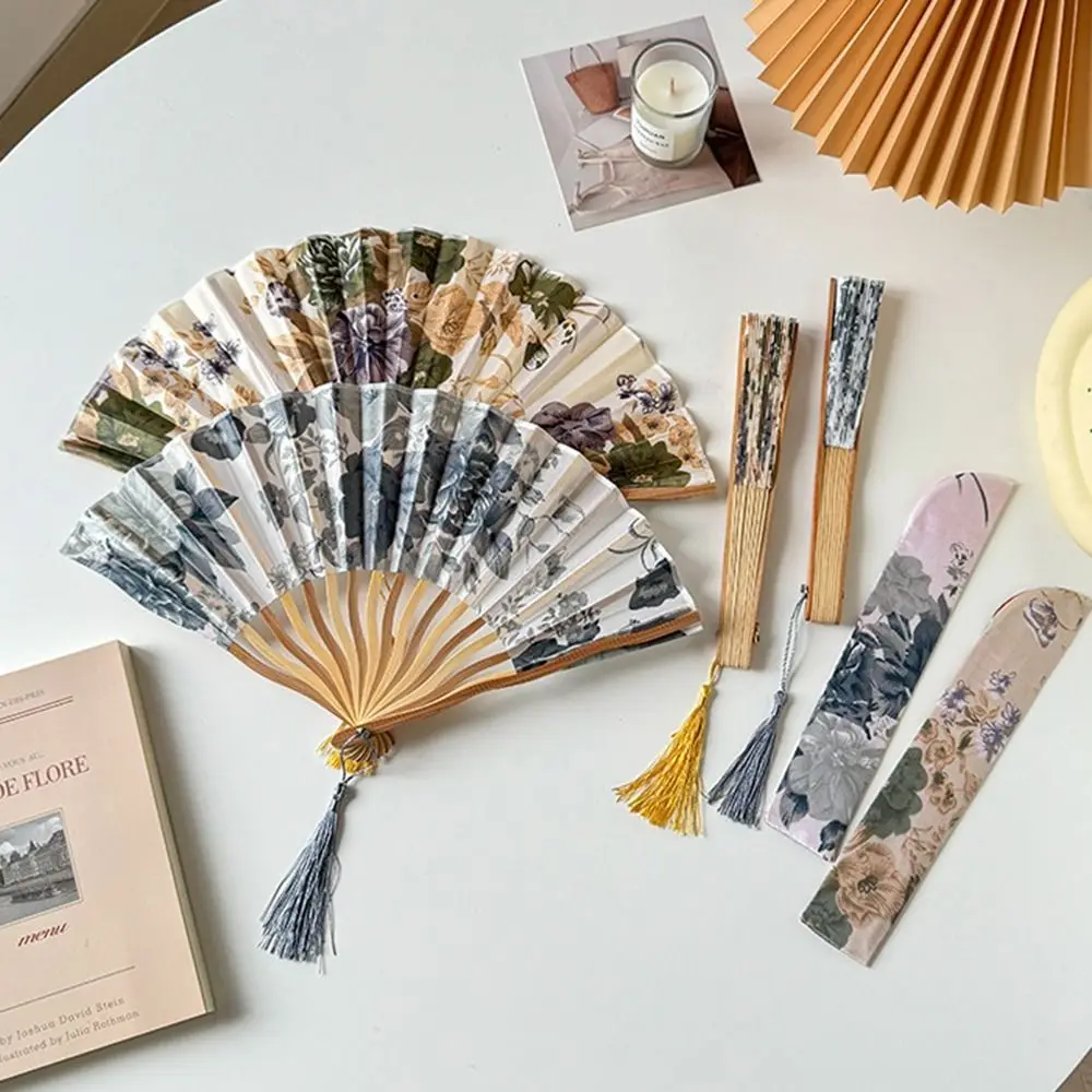 Chinese Style Silk Folding Fan Classical Flower Handheld Fan With Cover Tassel For Wedding