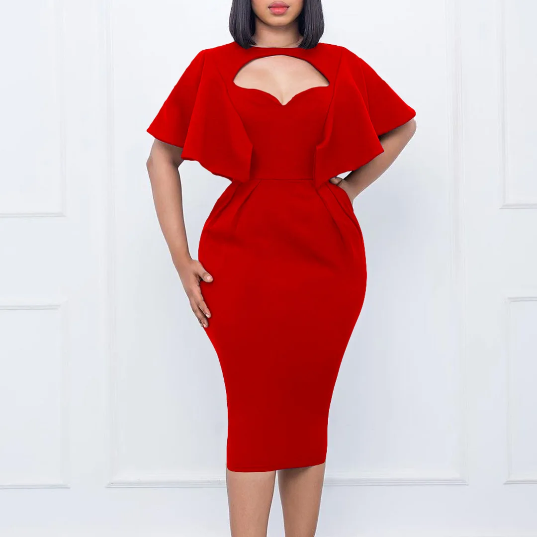 

Women Bodycon Dress Short Ruffles Sleeves Cut Out Chest Elegant Office Ladies Classy Female Gown African Elastic Package Hip New