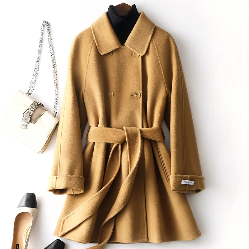 

2022 Autumn/Winter New Double sided Cashmere Coat Women's Mid length Double breasted High end 100 Pure Wool Coat