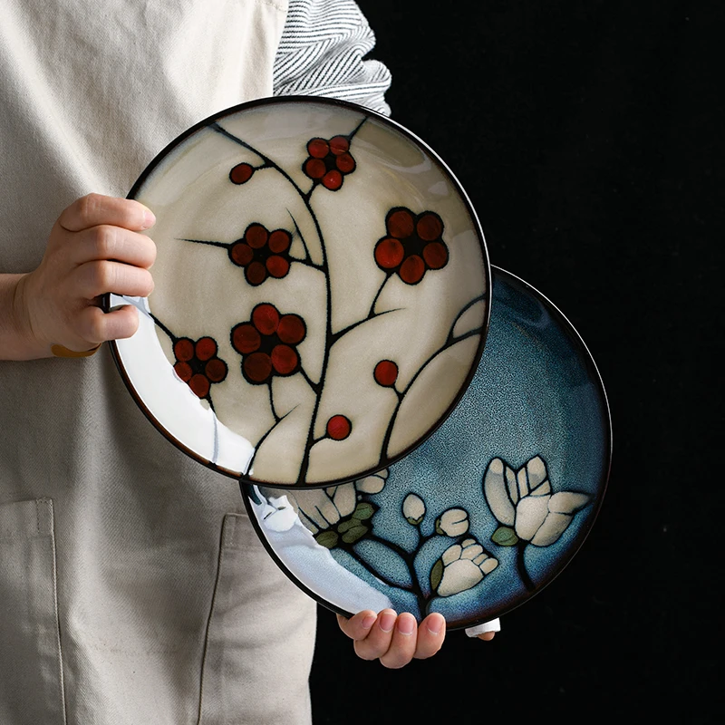 8 inch Vintage Handpainted Floral Plates Underglaze Ceramic Round Serving Dinner Plate Dish Retro Home Decor Kitchen Dinnerware