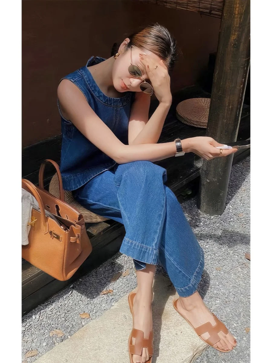 Korean Style Women' Summer Blue Denim Vest And High Waist Leg Pants Two Pieces Set Female Casual Loose Clothing X1430