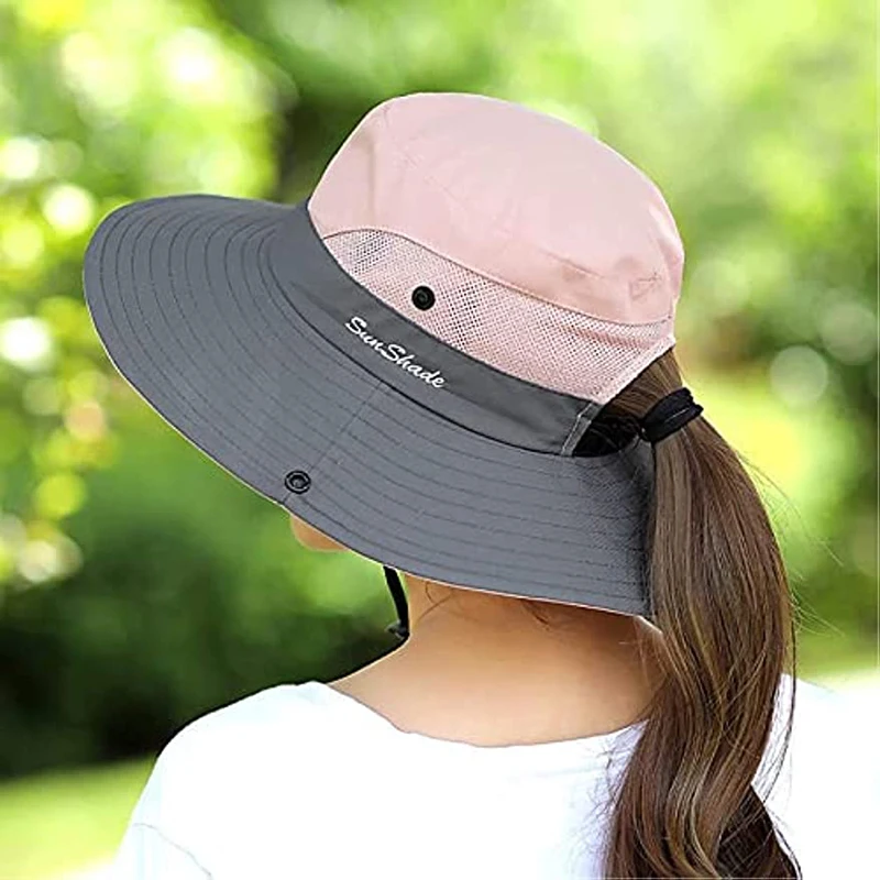 Women's Ponytail Safari Sun Hat,Wide Brim UV Protection Outdoor Bucket Hat,Foldable Beach Summer Fishing Hat