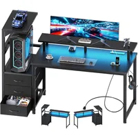 L Shaped Gaming Desk With Shelves Storage Drawers 52'', Black Computer Desks With LED Lights Power Outlets, Office Wood Ta