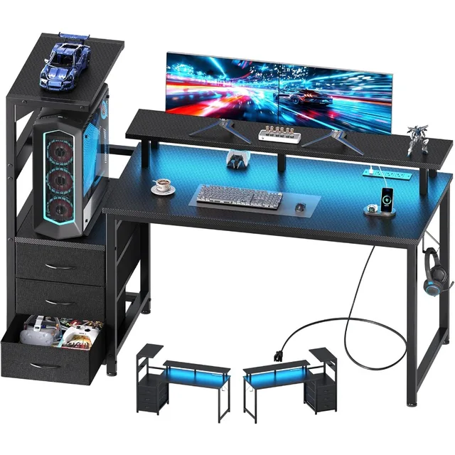L Shaped Gaming Desk With Shelves Storage Drawers 52'', Black Computer Desks With LED Lights Power Outlets, Office Wood Ta