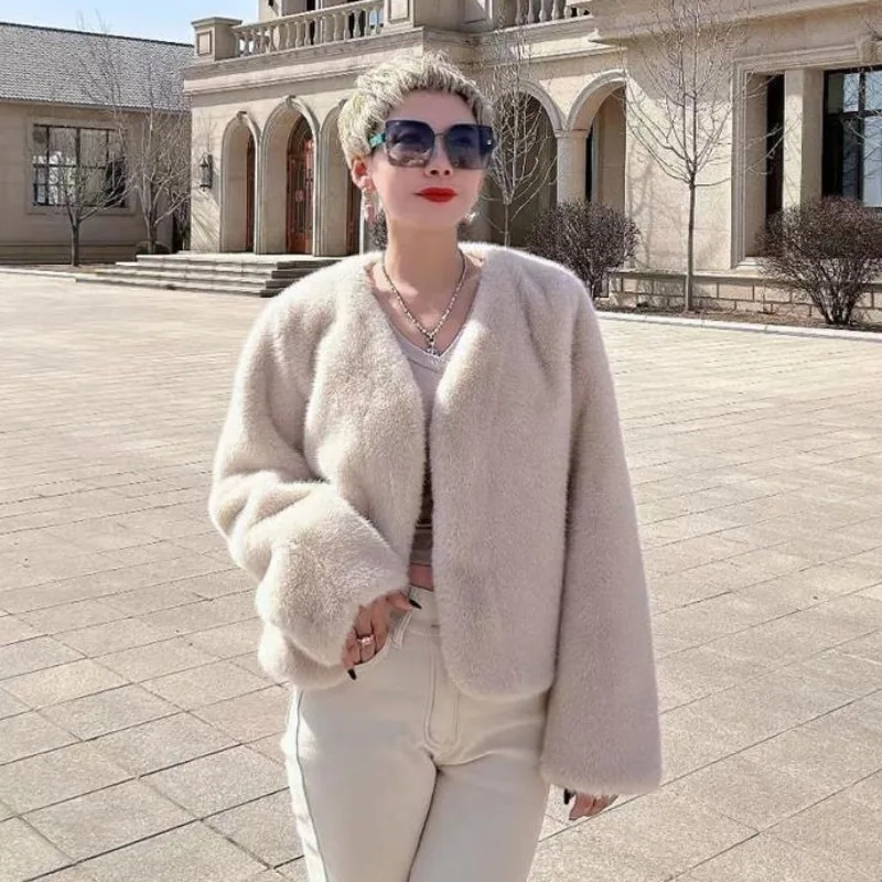 2023 New Women Imitation Mink Fur Coat Female Winter Loose Warm V-neck Fashion Outwear All-Match Solid Color Casual Short Jacket
