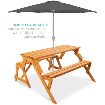 2-in-1 Transforming Interchangeable Outdoor Wooden Picnic Table Garden Bench for Backyard, Porch, Patio, Deck w/Umbrella 5