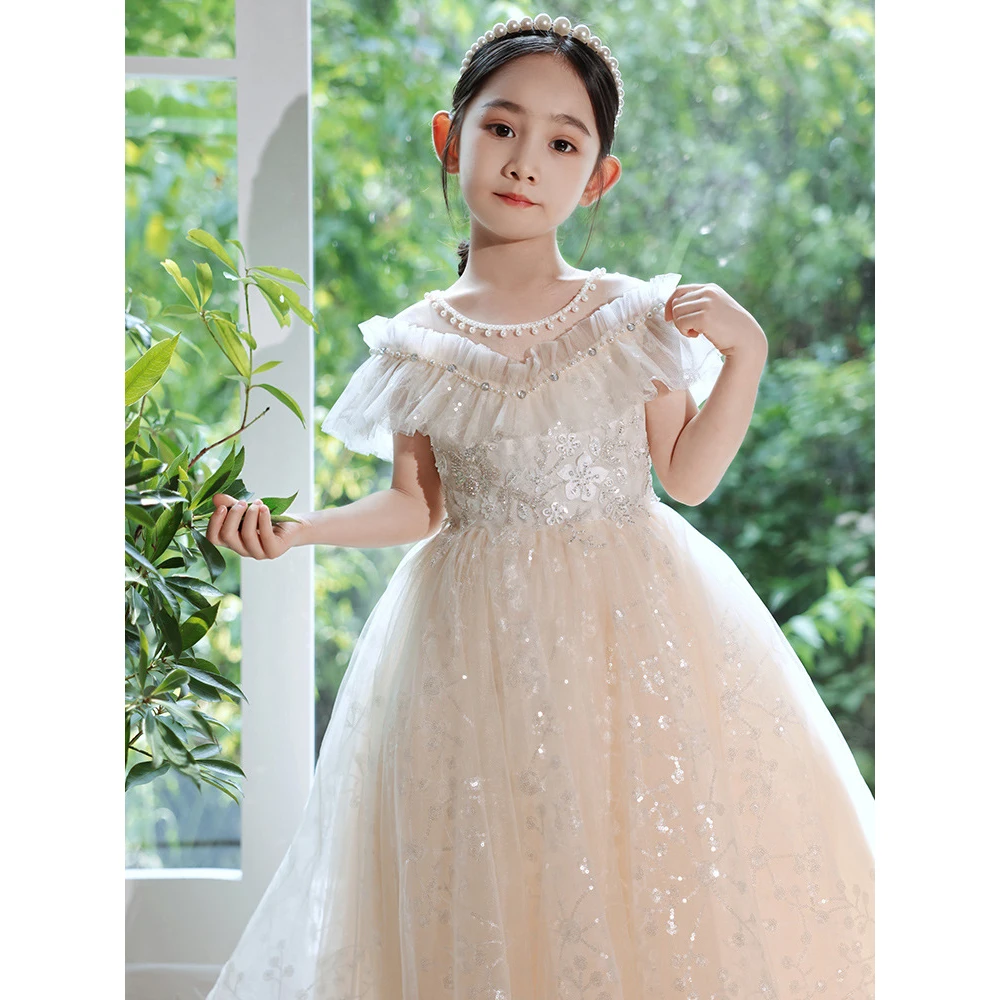 

Children's Evening Dress 2022 Sweet Lace Sleeves White Fluffy Yarn Princess Dress Baby Girl Host Piano Performance Spring Style