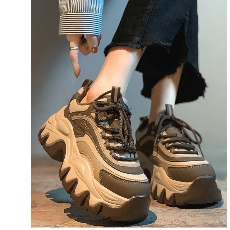 Sneakers Women Casual White Shoes 8CM Fashion Height Increasing Thick Bottom Spring Platform Leather Woman Chunky Sneakers2026