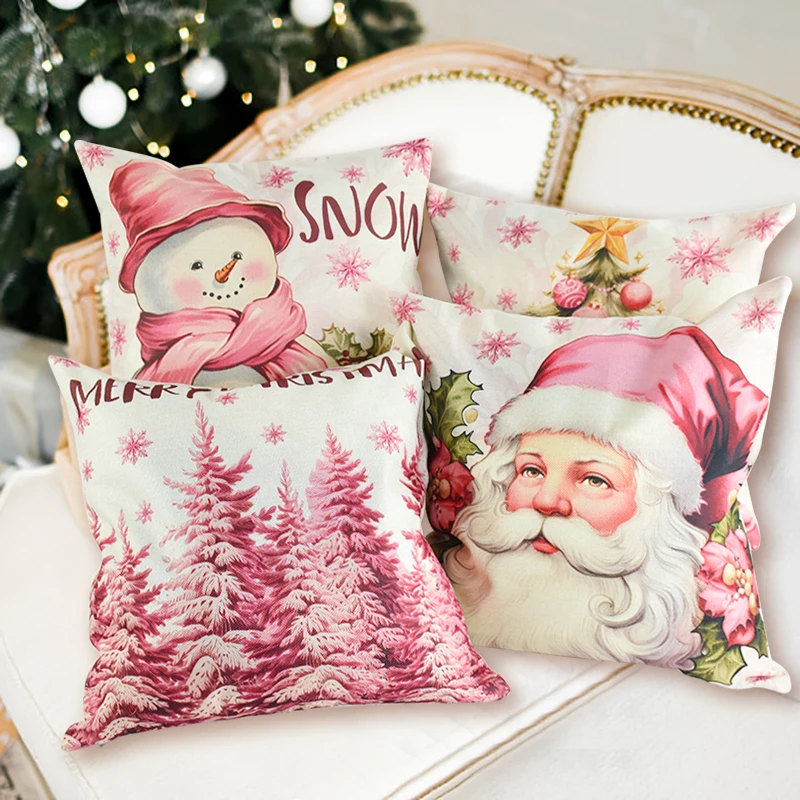 

Pink Santa Claus Xmas Tree Pillow Cover 45x45cm Linen Throw Pillowcase Merry Christmas Decor For Home Hotel Sofa Cushion Cover