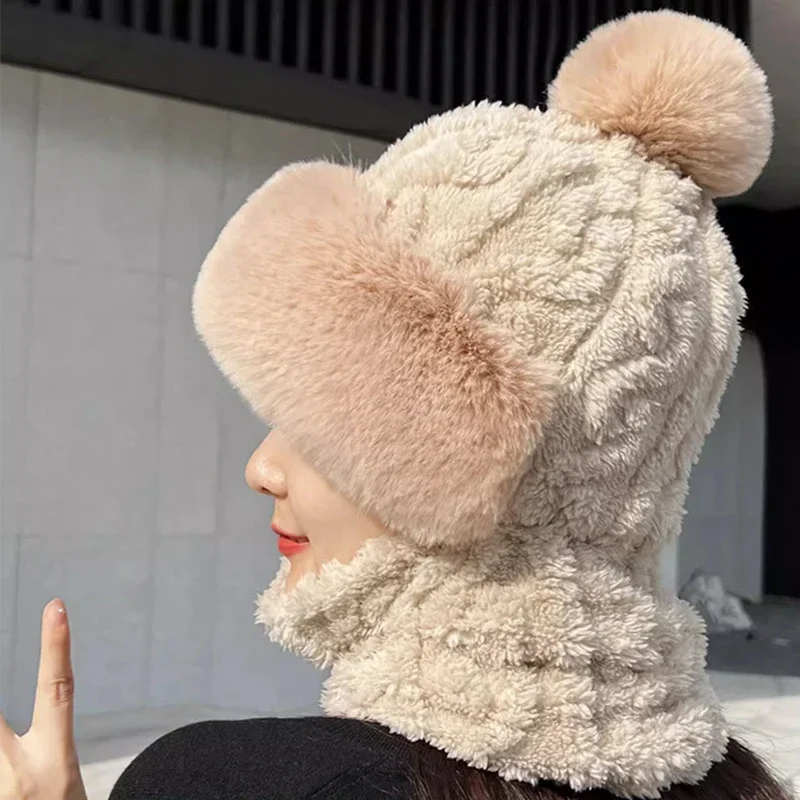 Winter Knitted Hat Scarf Mask One-Piece Plush Pompom Beanies for Women Fleece Lining Warm Bonnet Ears Neck Protection Skiing Cap 5