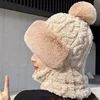 Winter Knitted Hat Scarf Mask One-Piece Plush Pompom Beanies for Women Fleece Lining Warm Bonnet Ears Neck Protection Skiing Cap 5