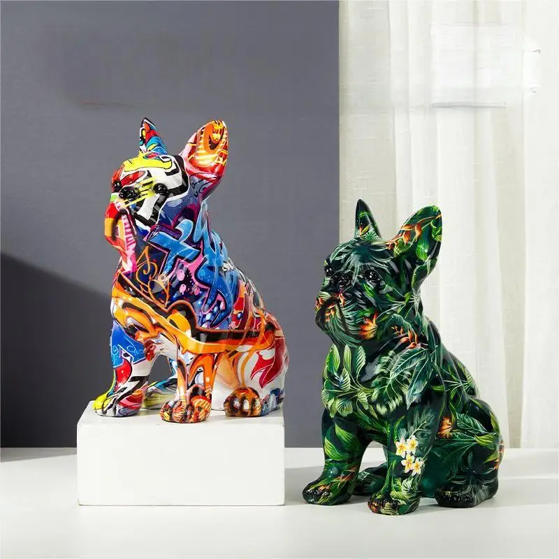 

Creative Colorful Pattern Pug Sculptures Resin Crafts Modern Doorway Ornaments Room Decor Decorative Floor Statues for Interior