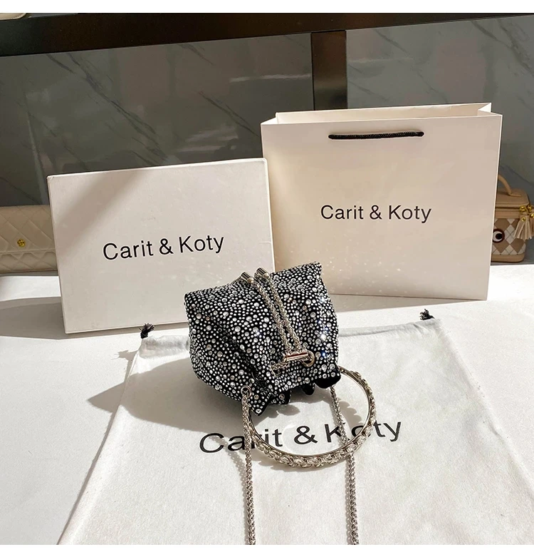 Bling Shiny Rhinestone Diamond Bucket Bag Women's Metal Ring Handle Handbag Evening Bag Party Clutch Purse Shoulder Chain Bag