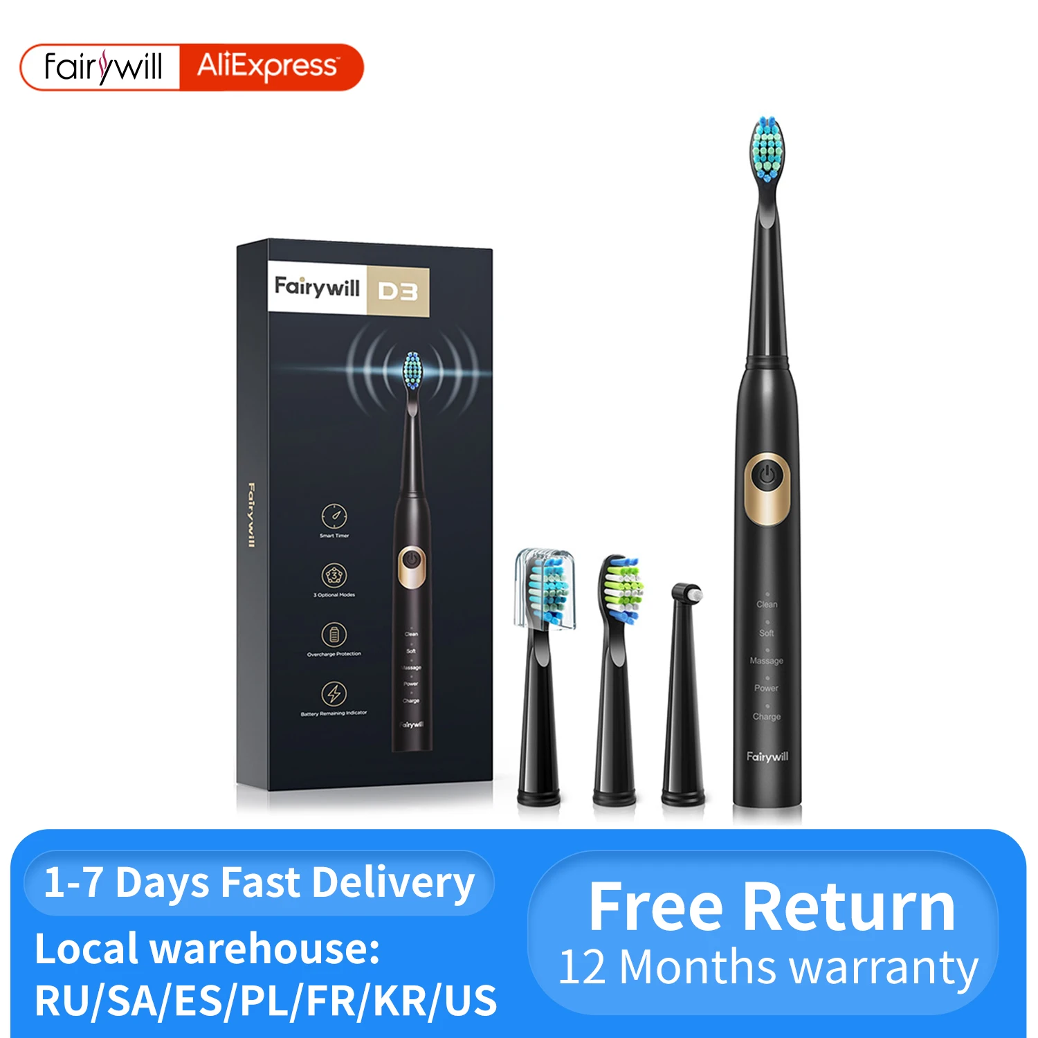 Fairywill Electric Toothbrush Sonic D3 USB Charge Toothbrushes