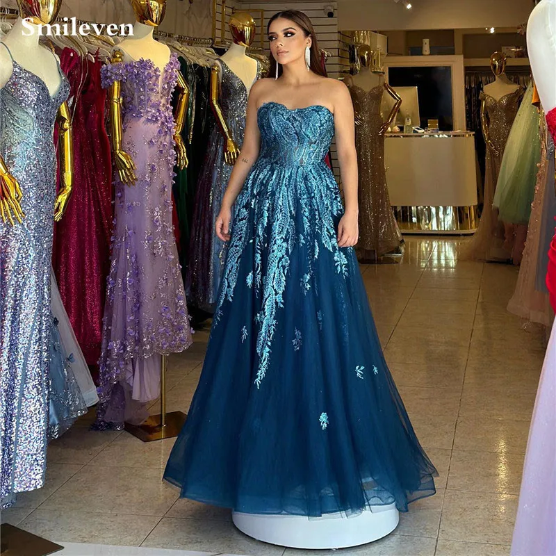 

Smileven Dark Blue Sweetheart Neck Evening Dresses A Line Puff Tulle Prom Gowns Robe De Marieer Lace Evening Party Dress 2024