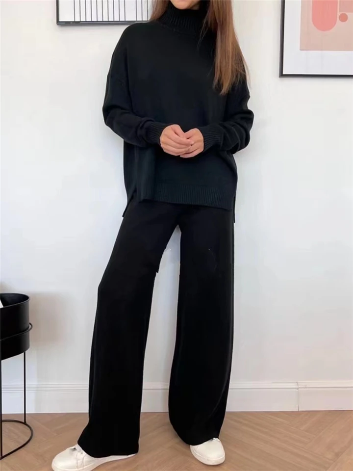 Ensemble Femme 2 Pièces Tricoté - Pull Boutonné Et Pantalon Large Jambes évasées - Tenue Décontractée Chic Pour La Maison Ou Sortie