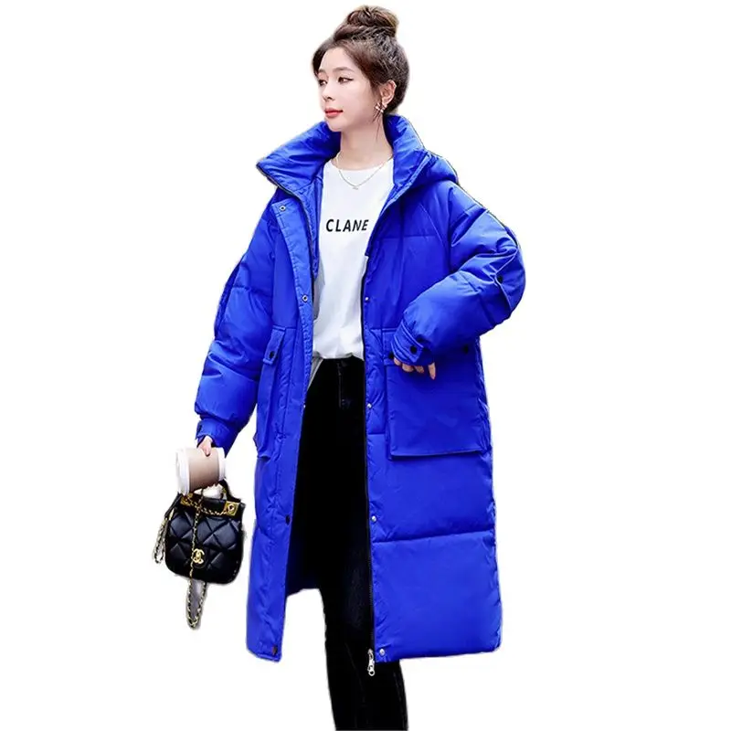 

Fashion Down Cotton Padded Long Women Parkas Winter New Hooded Jackets Button Splice Patchwork Loose Student Over Knee Snow Wear