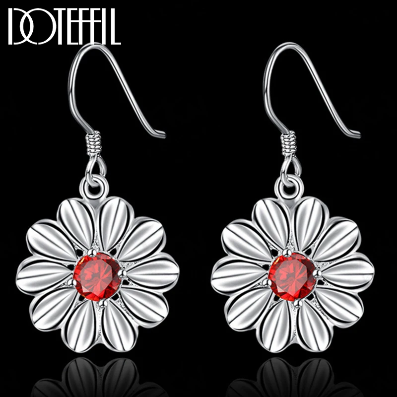 DOTEFFIL 925 Sterling Silver AAA Red Zircon Flower Drop Earrings Charm Women Jewelry Fashion Wedding Engagement Party Gift