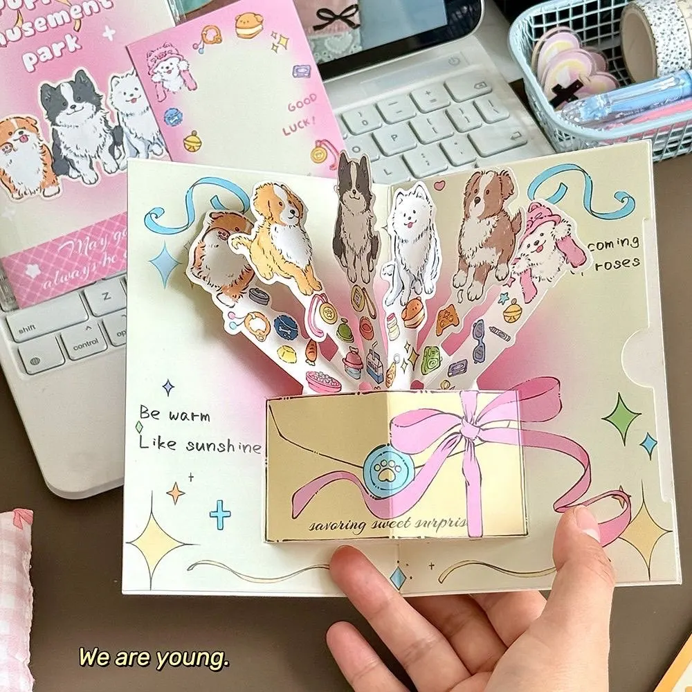 3D 귀여운 강아지 인사 카드, 미학적 가치가 높은 창의적인 꽃다발, 축복 메시지 카드, 명절 깜짝 선물