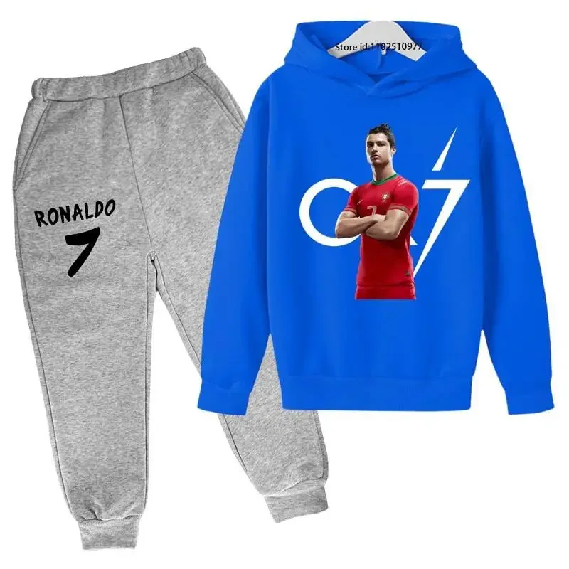thumbnail image 1 of Conjunto de 2 piezas de sudadera con capucha y pantalones con estampado de ídolo de fútbol Cr7 para niños de 3 a 13 años, ropa informal para bebés, 1 of 5