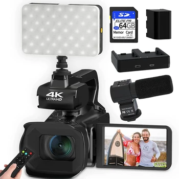 4K 유튜브 브이로그 캠코더, 라이브 스트림 웹캠 필 라이트, UHD 디지털 비디오 카메라, 4.0 인치 회전 터치 스크린, 18X 줌, 60FPS