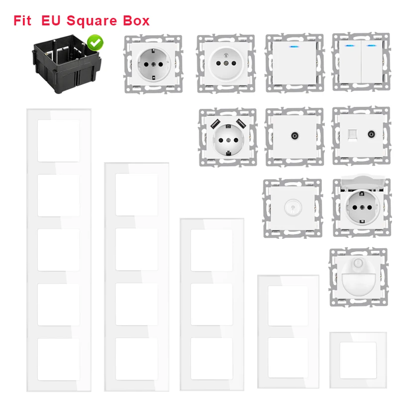 Wall-Mounted Customizable White Glass Panel Power Socket and Switch