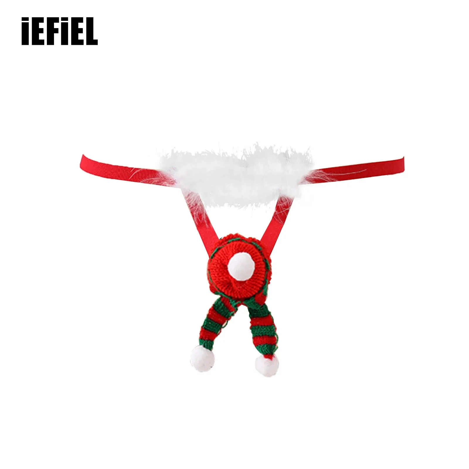 

Mens Christmas Funny Thong Underwear Low Rise Feather Trim Elastic Waistband Thong Valentines Gift Hat Scarf Cover G-string