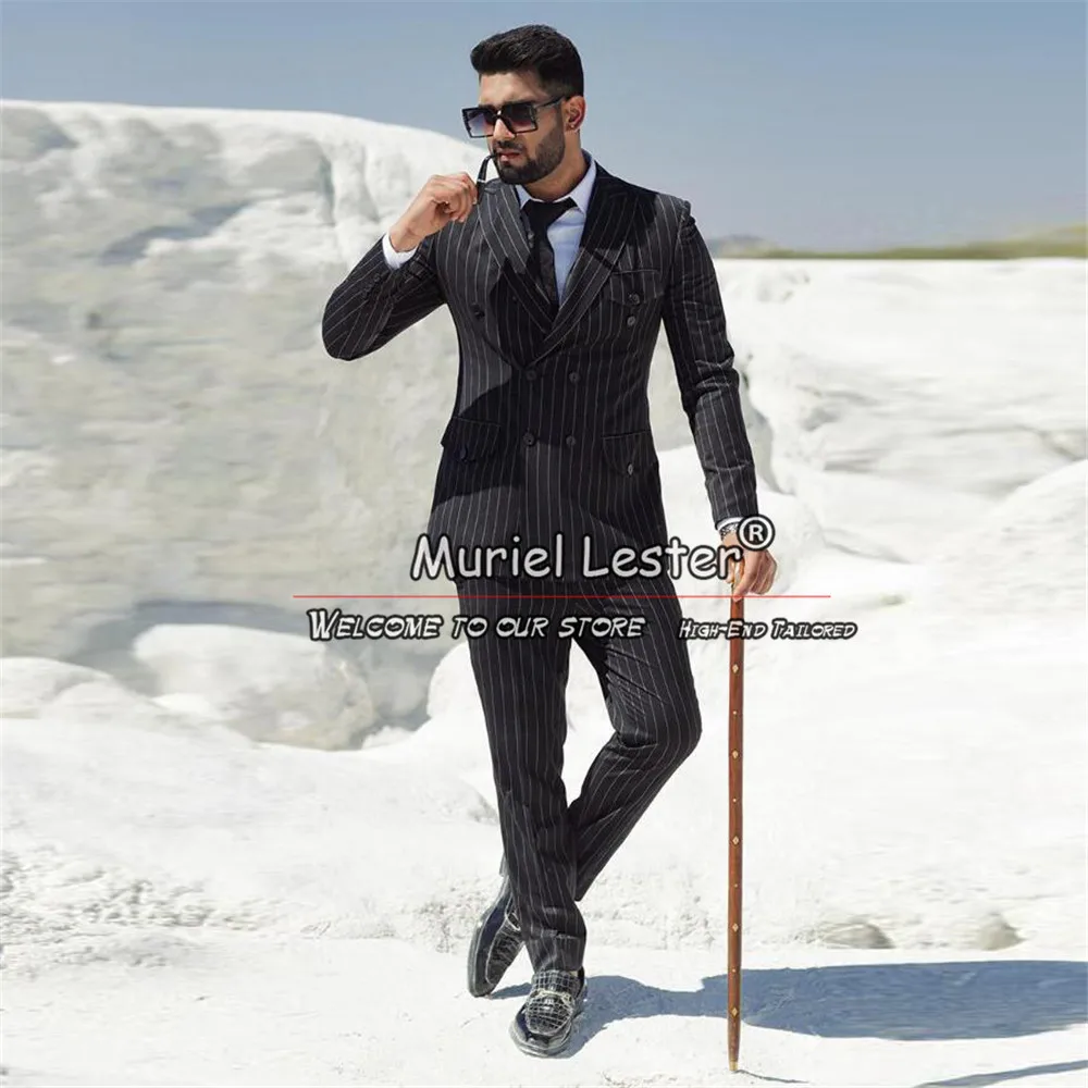 

Классические костюмы для жениха в черную полоску, мужской облегающий двубортный Блейзер и брюки, 2 предмета, Мужская одежда для свадьбы