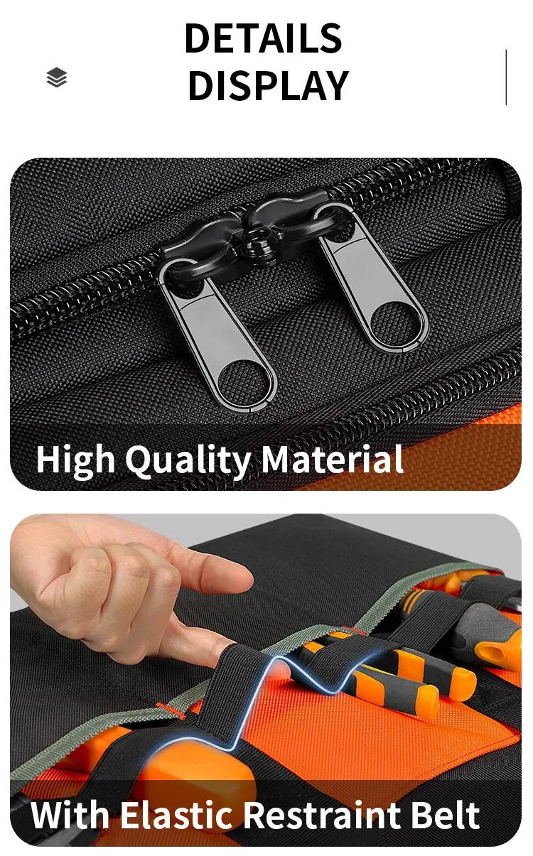 Werkzeugtasche mit geformter Basis, offene Werkzeug-Organizer-Tasche mit 18-Taschen, verstellbarem Schultergurt, robuste Werkzeugtaschen für Herren – Detail 7