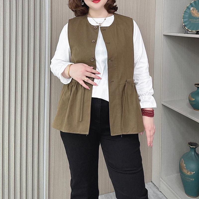 Autumn Plus Size Women's Sleeveless Jacket Fashion Drawstring Waist Waistcoat Female Loose Washed Cotton Vest 2423