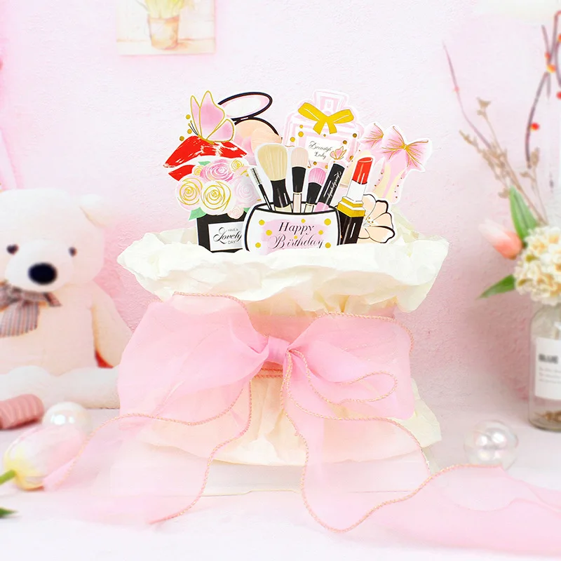 Cake Topper Perfume Lipstick Makeup brush Cake Topper Happy Birthday DIY Cupcake Topper Flags Flower Cake Baking Decor