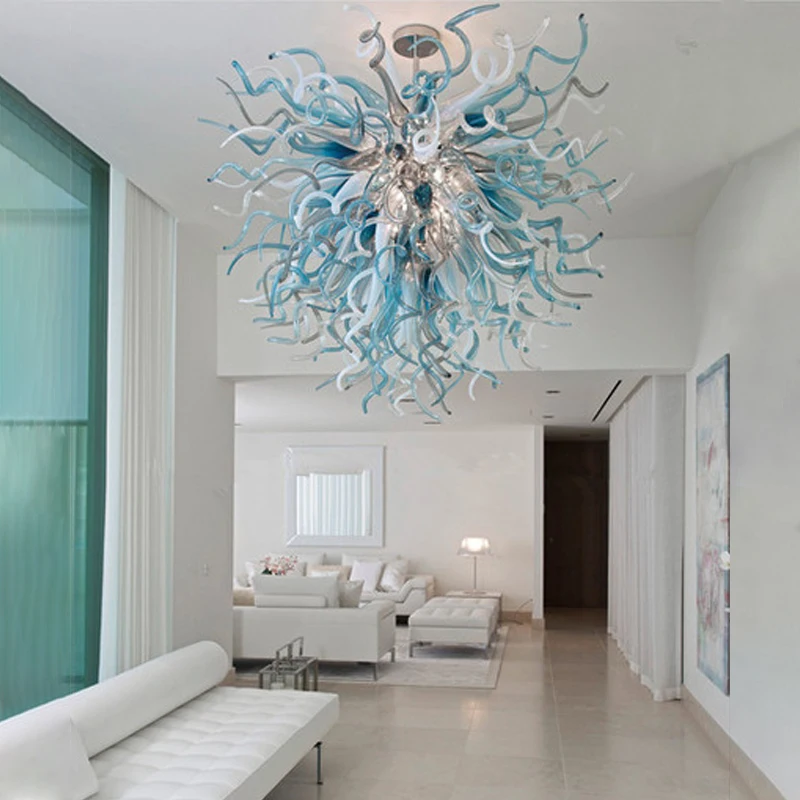 

Hand Blown Glass Chandeliers 28 Inches Blue Frey White Color LED Pendant Lamps